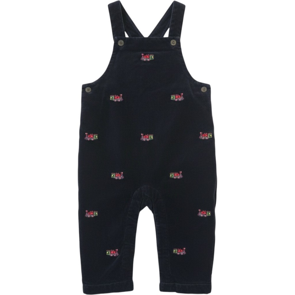Janie and Jack Navy Blue Corduroy Holiday Train Embroidered Overalls 6-12 Months